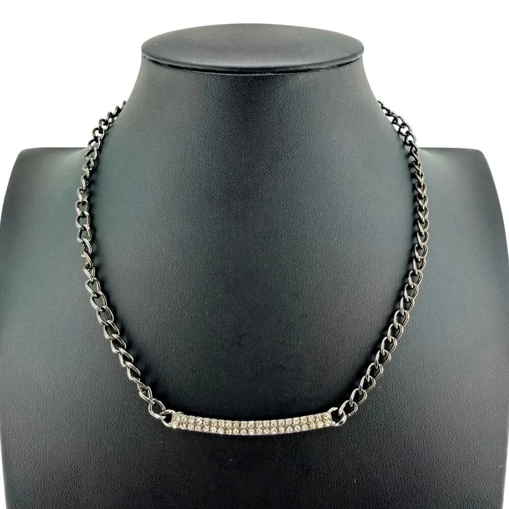 Guess Modern Rhinestone Pave Curved Bar Gunmetal Pendant 17